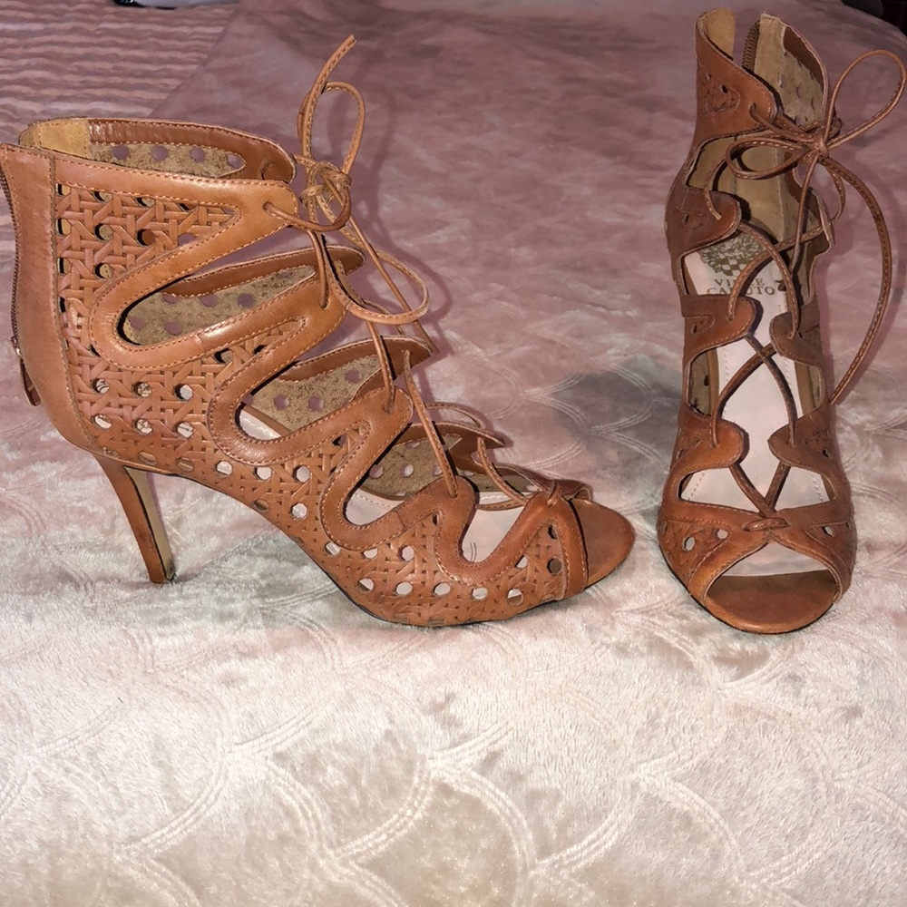 Brown leather Vince Camuto lace up heels